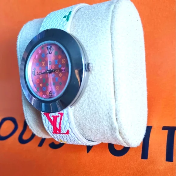 Vintage Authentic Louis Vuitton White Multicolor Monogram Watch Size 8 - Picture 2 of 5